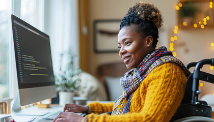 A happy african american disabled person in a wheelchair works remotely at a computer in a home office in a cozy atmosphere, housing is adapted for a disabled person - obrazy, fototapety, plakaty