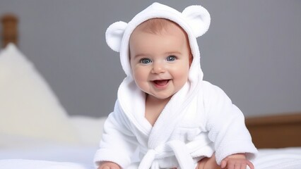 Portrait of a little happy baby 1 year old in a white terry robe on the bed in the bedroom, concept of childcare and care