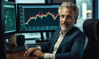 Fototapeta premium Stock trader business man looking at graph stock market on screen analyzing invest strategy, financial risks