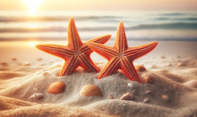 two vibrant orange starfish on a sandy beach