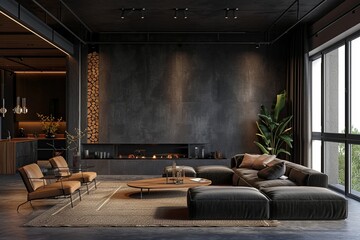 Dark living room loft with fireplace, industrial style, 3d render - obrazy, fototapety, plakaty