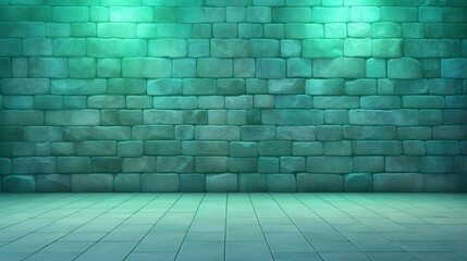 Fototapeta premium Background with stone wall backdrop in mint color in earthy tone. Empty space with the texture of the solidity of stone and the simplicity of the empty floor.