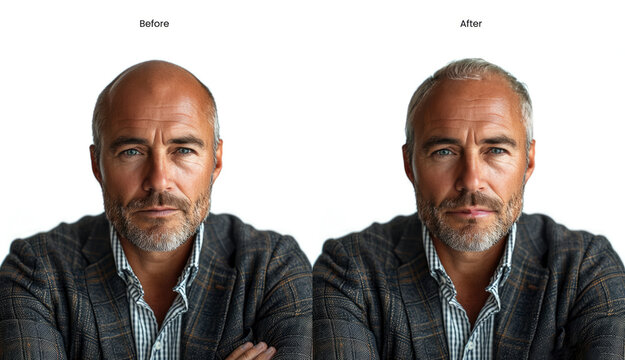 The head of a balding businessman before and after hair transplant surgery. before and after photo. Generative AI