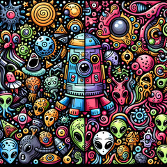 Obraz premium Colorful Aliens ET Doodle art pattern with various objects. Sci-Fi