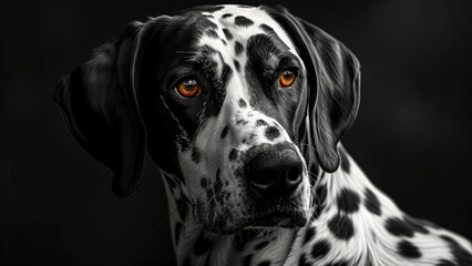 Close-up portrait of a bland and white dog with intense amber eyes on black background