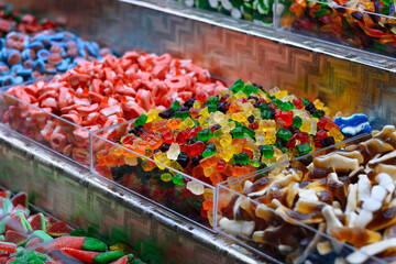 unhealthy but tasty colorful marmalade candies with a lot of sugar food 