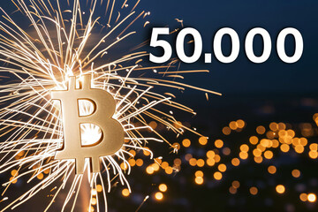 Bitcoin crypto symbol with Fireworks in the sky, celebrating the landmark price of 50000 USD. BTC hits fifty thousand, cryptocurrency market value forecast.