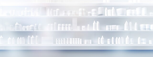 Blur pharmacy shelves with medicines for advertising, promotional product display - obrazy, fototapety, plakaty