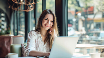 Fototapeta premium A woman focused on her laptop while sitting at a table.