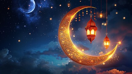 A beautifully designed gold and yellow moon with stars and a hanging lamp, set against a blue and purple night sky. Generative AI - obrazy, fototapety, plakaty
