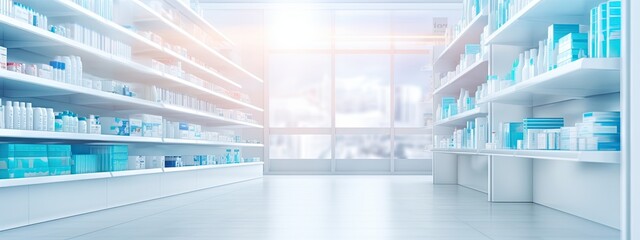 Blur pharmacy shelves with medicines for advertising, promotional product display - obrazy, fototapety, plakaty