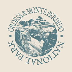Ordesa and Monte Perdido, Huesca, Spain Illustration Clip Art Design Shape. National Park Vintage Icon Vector Stamp.