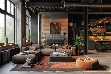 Foto op Plexiglas Dark living room loft with fireplace, industrial style, 3d render © Khalif