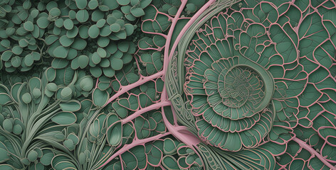 Exotic Alien Floral Plant Pattern Texture with Beautiful Spiral Salad Mushroom Shapes with Pink Veins on green Leafs like Shamrock Moss Environment and Nature growth eating Vegetables or Fantasy Art