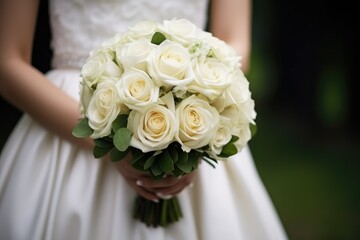Bride's bouquet close up, wedding bouquet of white roses in the hands of the bride, eucalyptus leaves, Wedding bouquet in bride's hands.