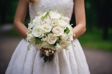 Wedding bouquet of white roses in the hands of the bride, a bride is holding a beautiful wedding bouquet of white flowers, wedding program.