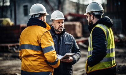 Professional engineers discussing about blueprints and effectivity at construction site