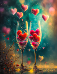 Flutes de champagne remplies de coeurs rouge avec un magnifique bokeh, Saint Valentin, mariage, sentiment d'amour et de romantisme