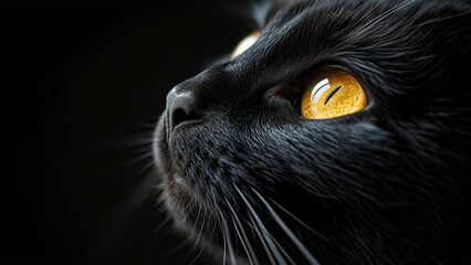 close up of black cat with striking yellow eyes on a black backdrop 