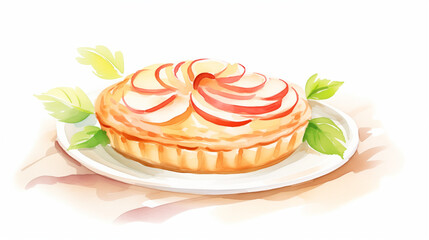 Apple galette water color, cartoon, hand drawing, animation 3D, vibrant, minimalist style. ai generated.