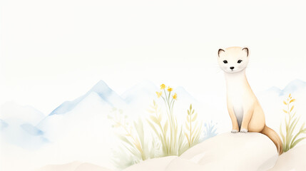 A close-up of an ermine in Stelvio National Park, Lombardy, water color, cartoon, hand drawing, animation 3D, vibrant, minimalist style. ai generated.