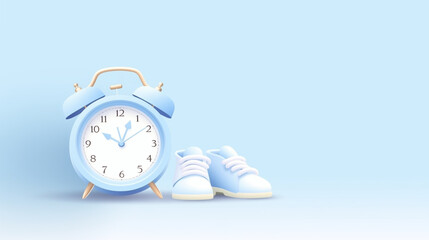 An alarm clock and baby booties on a light blue background water color, cartoon, hand drawing,...