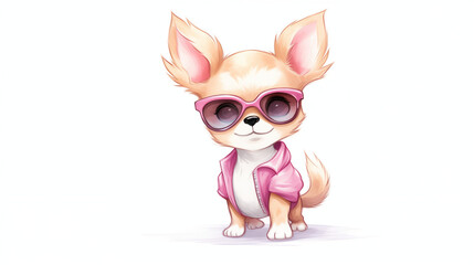 An illustration of a stylish Chihuahua dog in trendy sunglasses and a pink jacket water color,...