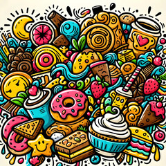 Sweet Treats Galore: Colorful Doodle art of cakes and pastries