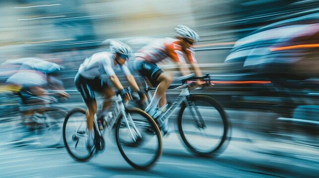 Cycling, cycling sports competitions, in the style of a blurred frame, photos at speed with blurred athletes