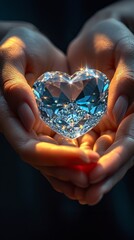 couple's hands gently holding a heart-shaped crystal pendant, ensuring the crystal's facets catch the light 