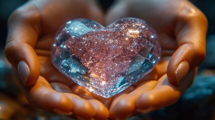 couple's hands gently holding a heart-shaped crystal pendant, ensuring the crystal's facets catch the light  - obrazy, fototapety, plakaty