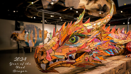 2024 Year of the Wood Dragon: colorful upcycled wooden dragon sculpture
