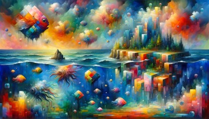 Obraz na płótnie Canvas Surreal Oceanic Landscape Art. Surreal ocean landscape with floating islands and marine life.