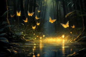 Fototapeta premium Playful twilight fireflies, dancing in the fading light, casting a soft glow on the world - Generative AI