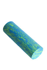 A blue-green massage foam roller isolated on a white background. Close-up. Foam rolling is a self myofascial release technique. Concept of fitness equipment.