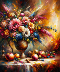 Still Life with Colourful Floral Arrangement.
Colourful still life painting of a lush floral arrangement.