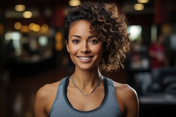  medium shot portrait photography of a pleased, woman in his 40s that is wearing a workout outfit against a modern gym background - obrazy, fototapety, plakaty