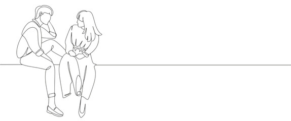 Illustration of happy couple in line art drawing style. Love and friendship black linear sketch isolated on white background. Vector illustration