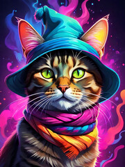 Colorful portrait of a cat in a hat with a scarf. Neon colored illustration