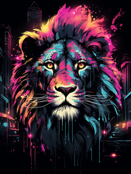 T-shirt design, A nonsense image of extreme realism, cyberpunk lion created with Generative Ai