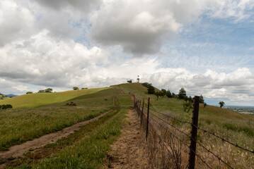 Fence at the Lagoon Valley Park in Vacaville, California, USA, featuring the chaparral in the winter with green grass, and clouds, and the town of Vacaville on the right side - 715006505