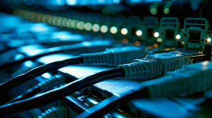 Networking Cable Close-up: Close-up of networking cables and connectors, symbolizing data connectivity and technology in a data center - obrazy, fototapety, plakaty