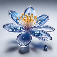 Glass Flower Jewelry Blossom and Crystal Diamond Pearls and Bokah blur bokeh Background Gradient in beautiful cool Blue for Product DIsplay, feminin Woman Love Gift Present, fine hand crafted Deco