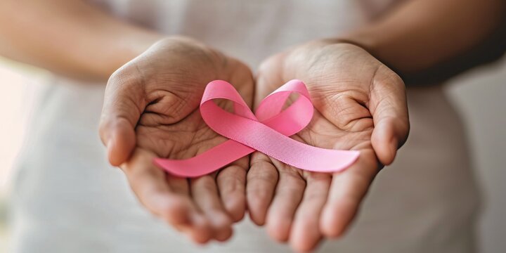 A person holding a pink ribbon in their hands Generative AI