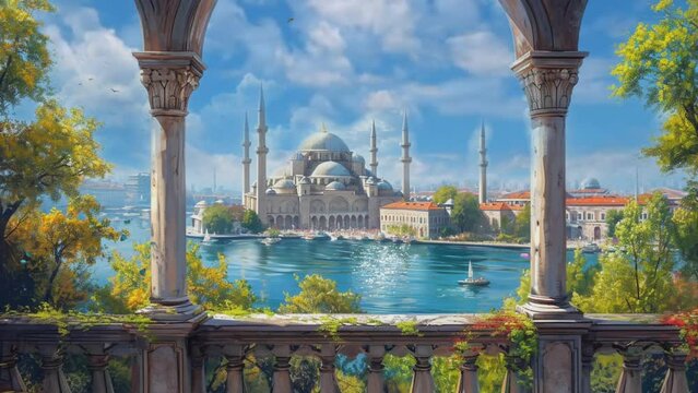 Beautiful View Of The Mosque From The Balcony With Cartoon Or Anime Style. Seamless Looping 4k Time-lapse Virtual Video Animation Background