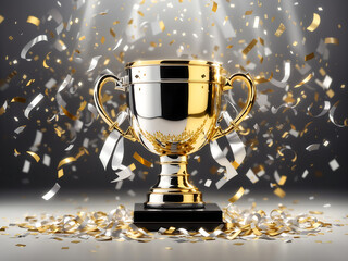 championship cup or winner trophy in golden and silver shiny chrome with celebration confetti and ribbon decoration as a wide banner with copy space area designs.