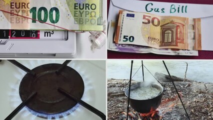 video collage on the topic of paying for natural gas and alternative cooking on fire, the concept of rising gas prices