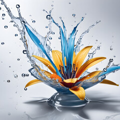 Flower Blossom Jewelry Splashes in Crystal clear Water with wet Drops flying dynamic cool warm color on neutral Background for Beauty Product Display Design