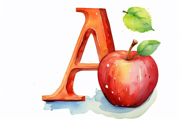 red apple with a letter watercolor