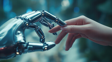 Conceptual image of a human finger delicately touching a robot's metallic finger, representing the harmony between humans and AI technology. Blurred technology background.
